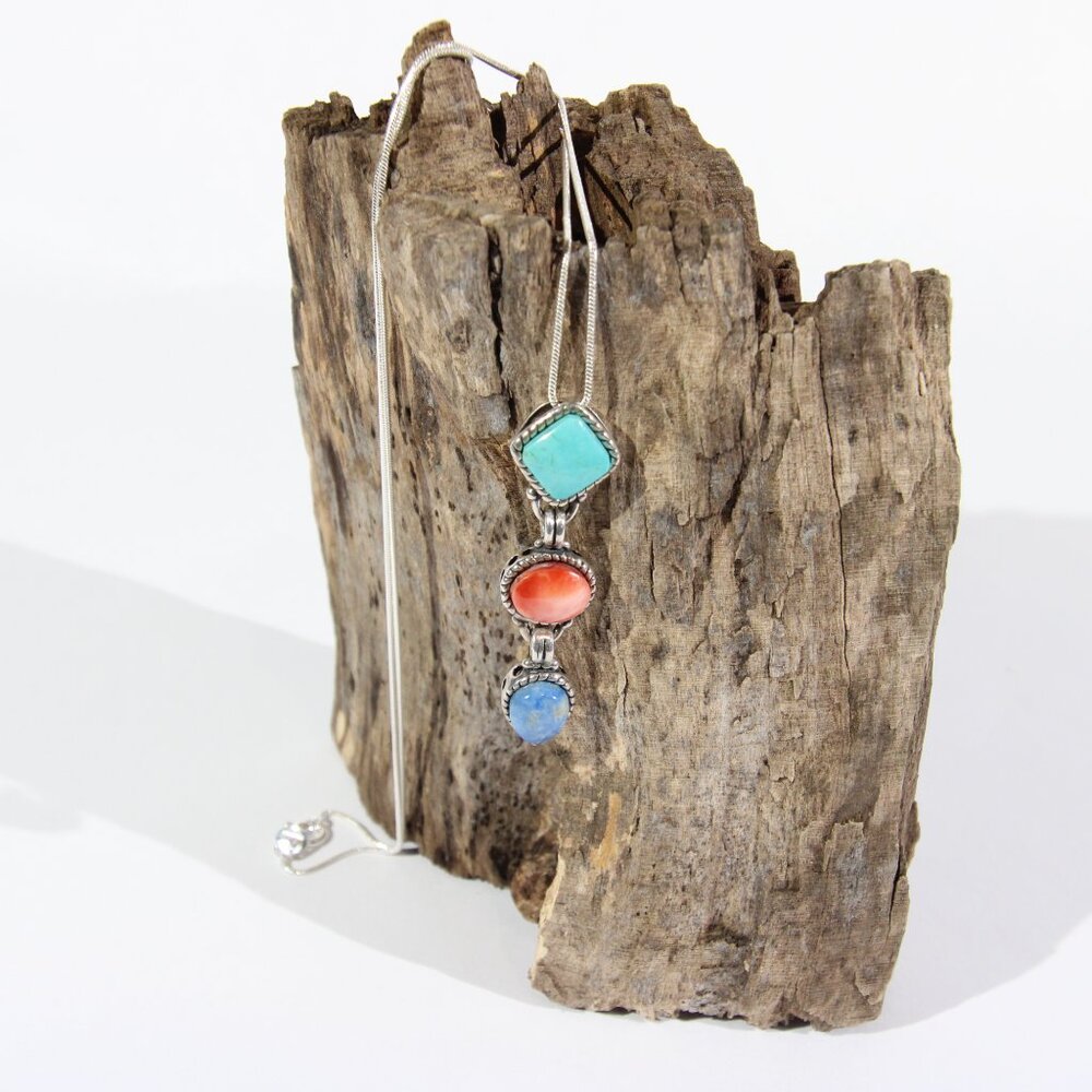 VTG Sterling Silver Turquoise, Lapis & Coral Pendant & Sterling Silver Necklace - Picture 5 of 9